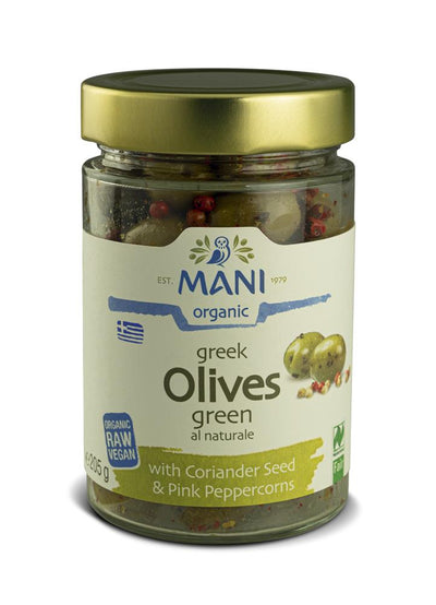 Organic Green Olives with Pink Peppercorns and Coriander 205g