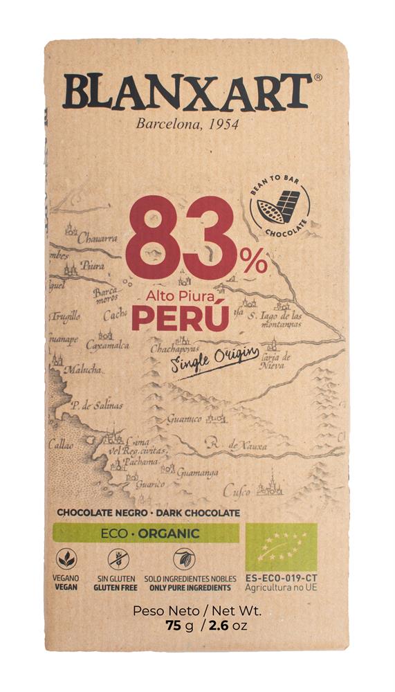 BLANXART Premium Organic & Vegan 83% PERU Chocolate Bar 75g