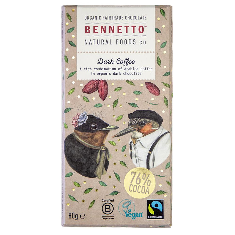 Bennetto Organic Dark Coffee 80g chocolate bar