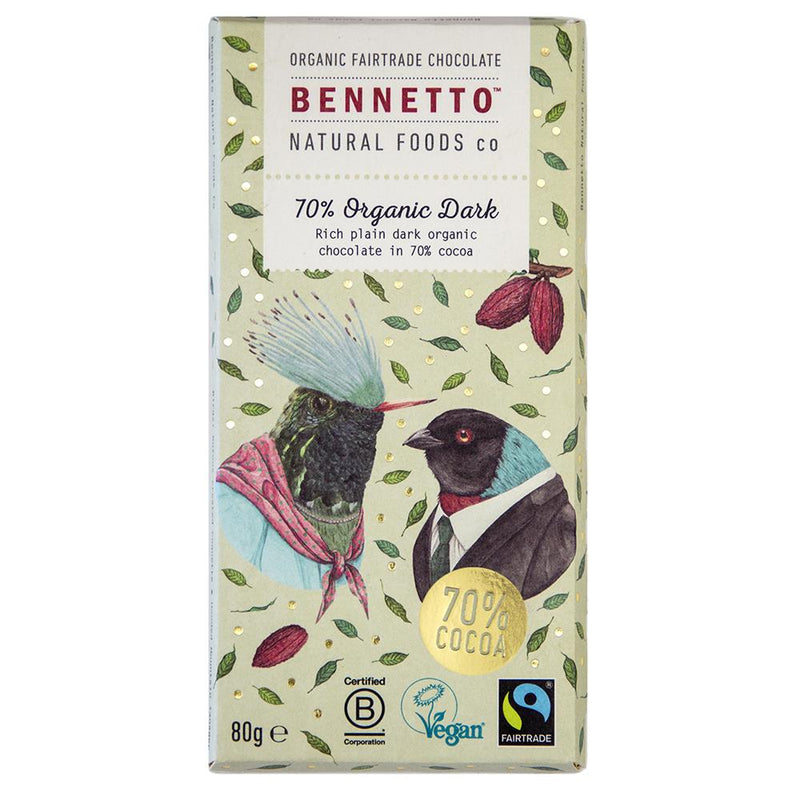 Bennetto Organic 70% Original Dark 80g chocolate bar