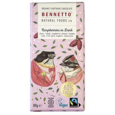 Bennetto Organic Raspberries in Dark 80g chocolate bar