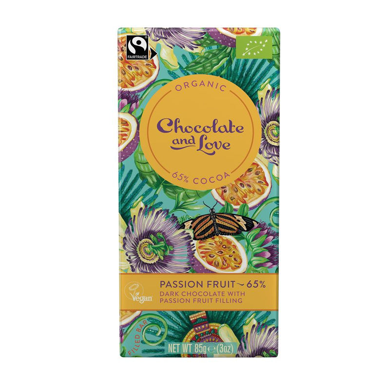 Organic/Fairtrade filled Dark Choc - Passion Fruit 65% Cocoa 85g