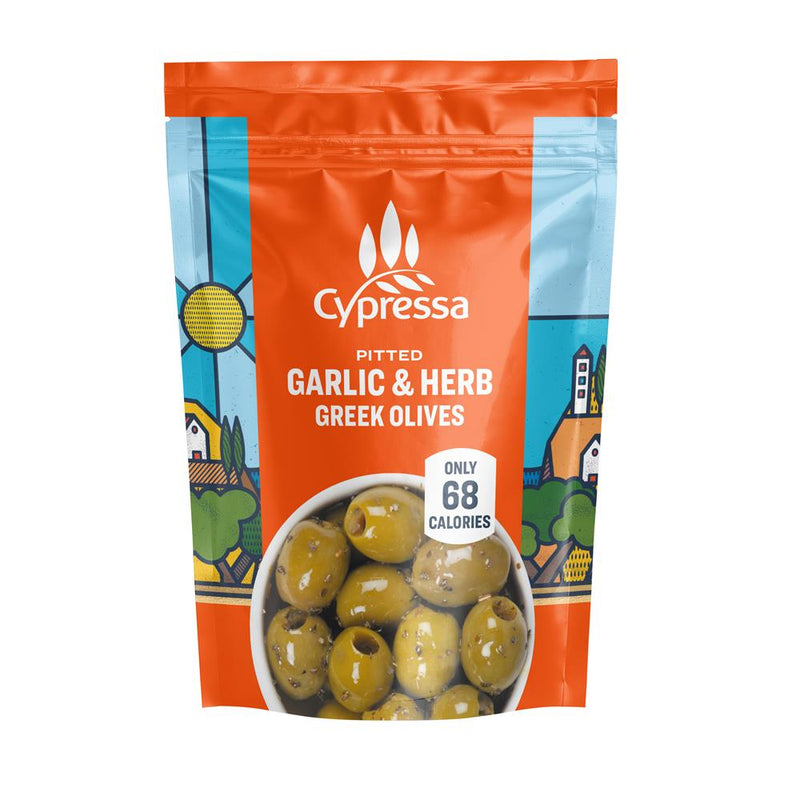 Cypressa Garlic & Herb Pitted Green Greek Olives in Pouch 50g