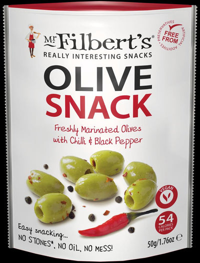 Mr Filberts Green Chilli and Black Pepper Olives 50g