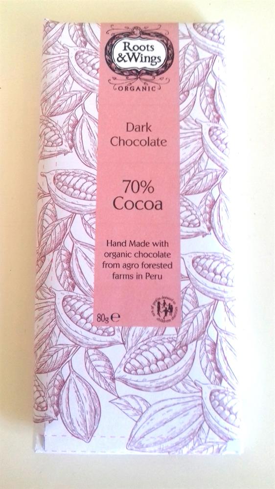 Roots & Wings Organic Dark Chocolate Bar. 70% Cocoa 80g