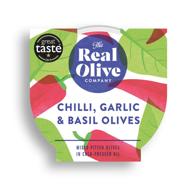 Chilli Garlic and Basil Pitted Olives 160g