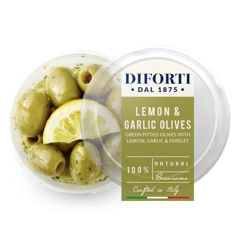 Diforti Lemon, Garlic and Parsley Green Pitted Olives (180g)