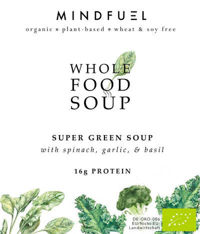 Super green soup with spinach, garlic and basil (16g of protein)