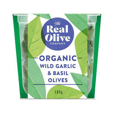 Organic Wild Garlic & Basil Olives in Cold-pressed Oils 185g