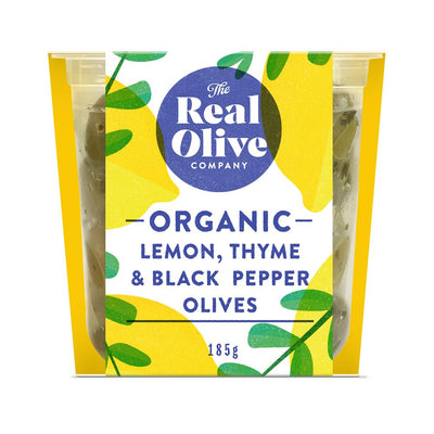 Org Lemon, Thyme & Black Pepper Olives in Cold-pressed Oil 185g